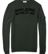 Complement your cool jeans style with this lon-sleeved pullover shirt from DKNY Jeans.