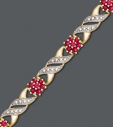 Fluid floral design adds an element of beauty to your look. Victoria Townsend bracelet features round-cut rubies (1-1/5 ct. t.w.) and rows of sparkling diamond accents in a 18k gold over sterling silver swirl setting. Approximate length: 7 inches.