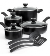 Now you're cooking-it's that simple with this fully-stocked collection of versatile nonstick pieces that effortlessly handle and release food and then slip right into the dishwasher for a hassle-free cleanup. Including the basic pots, pans and tools that put a kitchen into business, this budget-friendly collection cooks up flavorful, nutrient rich dishes.