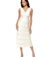 R&M Richards petite dress is made evening-worthy with a sequined empire waist and pretty tiered skirt.