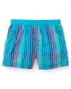 A handsome, vibrant check pattern characterizes these shorter swim trunks, perfect for grabbing that extra bit of sun.