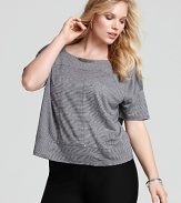 Mini stripes and a wide square neckline accentuate the relaxed silhouette of this Eileen Fisher linen top, adorned with silver-tone beads for a modern finish.