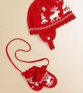 A vintage-inspired intarsia-knit moose design imbues a cozy hat-and-mitten set with classic seasonal style.Hat fastens beneath the chin with adjustable button strapPull-on mittens without thumbs and connecting stringCottonMachine washImported