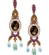 A spectacular spectrum from Le Vian. These oval drop earrings, set in 14k rose gold, show a vibrant touch with oval smokey quartz (3-1/5 ct. t.w.), and round-cut white topaz (5/8 ct. t.w.), citrine (3/8 ct. t.w.) and rhondolite (3/8 ct. t.w.). Descending from the earrings, round sky-blue topaz (1-3/4 ct. t.w.) and amethyst (1-3/8 ct. t.w.) raise the style factor. Approximate drop: 1-9/10 inches.