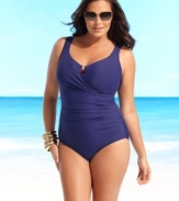 A simply chic plus size swimsuit from Miraclesuit with gentle ruching and tummy control at the waist for added flatter power.