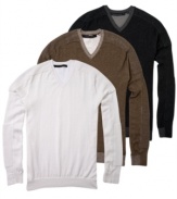 Classic yet contemporary, this v-neck sweater by Sean John is a timeless addition to your cold weather wardrobe.