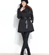 Looking for a sleek way to stay dry? Steve Madden's plus size raincoat features a unique asymmetrical collar and a faux-leather belt for extra edge.