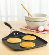 Picture perfect pancakes, grilled cheese and more virtually glide off the surface of this ideally shaped square griddle, directly onto your plate or serving tray. Constructed of heavy-gauge, hard-anodized aluminum for fast, even heating and unrivaled durability. Lifetime customer satisfaction.