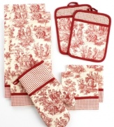 Come home to a kitchen full of personality and life. This set includes everything you need-cotton potholders, oven mitt, towels and dish cloths-to conquer the kitchen. The lively design brightens up your space and keeps style a part of every recipe.