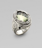 From the Astritis Collection. An intricately carved ring of sterling silver, with a softly hued, faceted prasiolite stone as its centerpiece.Prasiolite Sterling silver Length, about 1 Made in Greece