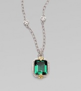 From the Estate Collection. An emerald-cut green quartz pendant set in a textured sterling silver, sparkling with white sapphires and accented in 18k gold.Green quartzWhite sapphireSterling silver18k goldLobster claspPendant, about 1 highChain, about 17 Imported 