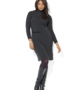 Embrace understated elegance in Lauren Ralph Lauren's chic ribbed plus size dress, crafted in ultra-soft merino wool and finished with a simple turtleneck. (Clearance)