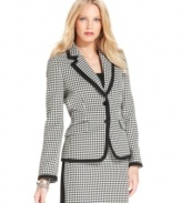 Usher in the autumn with a bold blazer from Tahari by ASL. Solid black trim lends extra graphic appeal to menswear-inspired houndstooth-check fabric.