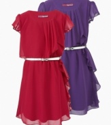 Beautiful flowing chiffon ruffle dress by Epic Threads is accented with shiny metallic adjustable belt.