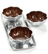 More than conversation blossoms around your table with handcrafted Amber Lotus nut bowls from Simply Designz. Polished aluminum lined in glossy enamel lends fresh color and shine to any dining area. With tray.