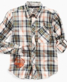 Throw this plaid Guess shirt on with a crisp set of denim to give his look a fresh angle for fall.