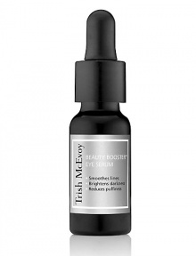 Trish McEvoy's Beauty Booster Eye Serum is a concentrated eye treatment formulated to drastically reduce the appearance of fine lines, dark circles and puffiness. This water-light serum deeply hydrates, brightens and firms with a powerful cocktail of peptides, hyaluronic acid vitamins and antioxidants. With continued use the under-eye area will appear less lined, smoother, firmer and brighter. 0.5 oz.