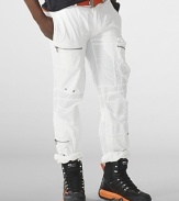 Metal zippers and grommets give a modern moto-inspired look to an essential cargo pant in lightweight cotton poplin.