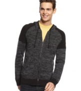 Sporty yet sleek, this Bar III hooded sweater is a stylish way to go casual.