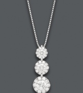 Let elegance define you. Prestige Unity's stunning three-stone pendant features clusters of round-cut diamonds (3/4 ct. t.w.) in 14k white gold setting with matching box chain. Approximate length: 18 inches. Approximate drop: 3/4 inch.