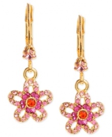 Pick these! Betsey Johnson's flower drop earrings are crafted from gold-tone mixed metal with colorful glass crystal accents adding a vibrant pop. Approximate drop: 1-1/5 inches.