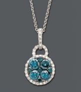 Add sizzle to your summer wardrobe with a splash of color. Bella Bleu by Effy Collection pendant features a circular design highlighting a round-cut blue diamond center (3/4 ct. t.w.) and sparkling white diamonds (1/5 ct. t.w.) at the edges. Setting and chain crafted in 14k white gold. Approximate length: 18 inches. Approximate drop width: 7/16 inch. Approximate drop length: 3/4 inch.