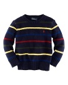 A multi-striped crewneck sweater is perfectly preppy for any season in a flat-knit blend of cotton and wool.