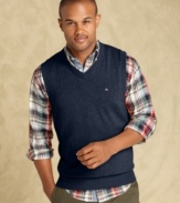 The perfect finishing touch to your preppy look is this sweater vest from Tommy Hilfiger layered over a plaid or oxford shirt.