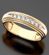 This two-tone band is the perfect stylish accent for the well-groomed gentleman. A channel of round-cut diamonds (1/5 ct. t.w.) set in 14k white gold is offset by the luster of 14k yellow gold.