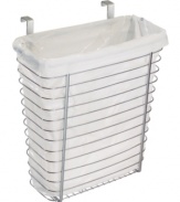 Keep your trash behind closed doors. This polished chrome wastebaskets hooks over any cabinet door, providing a tucked-away place to toss everyday garbage.