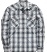 Rugged and ready.  This plaid shirt from Lucky Brand Jeans has the western-inspired style you need to complete your casually cool look.