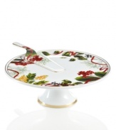 A new holiday classic, the Holly Berry cake stand features filigree-patterned gold and beautiful Christmas botanicals in elegant white porcelain with a coordinating server. Complements Charter Club's Grand Buffet Classic Gold and Red Rim dinnerware.