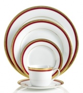 An instant classic, the Red Rim place setting combines bands of holiday red and filigree-patterned gold in elegant white porcelain. Layer with Charter Club's Grand Buffet Classic Gold and Holly Berry dinnerware.