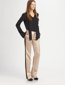 Shimmering jacquard pants invigorated by contrasting side panels and voluminous wide-leg construction. Button closureZip flyBack besom pocketsRise, about 8½Inseam, about 3745% silk/30% metallic fibers/25% cottonDry cleanMade in USA of imported fabricModel shown is 5'7 (174cm) wearing US size 2.