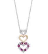 Three times the love. This pretty pendant features not one, not two, but three adorable cut-out hearts. Crafted in 14k gold and sterling silver with round-cut rubies (1/4 ct. t.w.) and sparkling diamond accents. Approximate length: 18 inches. Approximate drop: 1 inch.