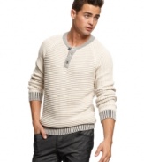 Send a clear message of style in this mix media stitched sweater from Bar III.