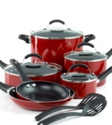 Stock up! Get ready for a world of recipes with this smart set, which includes the basics every kitchen needs to wow & please from the staple pots to the essential tools. Each cookware piece is crafted from durable aluminum coated in a superior nonstick with a dimpled surface that creates hot air pockets to cook food faster & more efficiently. Lifetime warranty.