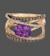 Let color and style unfurl at your fingers. Le Vian ring features a unique gladiator design with round-cut white diamonds (1/4 ct. t.w.) and chocolate diamonds (3/8 ct. t.w.) and an amethyst center stone (1-1/2 ct. t.w.). Crafted in 14k gold. Size 7.