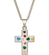 Cross your hearts! Lily Nily's necklace features a enamel cross pendant with colorful hearts for a vibrant touch. Set in 18k gold over sterling silver. Item comes packaged in a signature Lily Nily Gift Box. Approximate length: 14 inches. Approximate drop length: 3/4 inch. Approximate drop width: 1/2 inch.