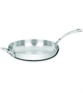 Bonjour amazing meals! A three-layer design features a pure aluminum core enveloped in stainless steel for even, quick and powerful heating. Elegantly crafted with a contoured handle and a classic shape, this skillet transports the art of French cooking into your kitchen. Lifetime warranty.