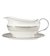 To entertain with grace and style look no further than this Bellina sauce boat from Lenox's dinnerware and dishes collection. Elegant bone china with a delicate floral design and textured white beads is finished with platinum trim. Sauce boat shown right.