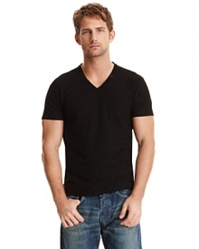 V-neck slub jersey tee shirt with small snap pocket at neckline.