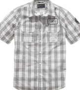 Easy plaid. With a laid-back look, this American Rag shirt will redefine your weekend.