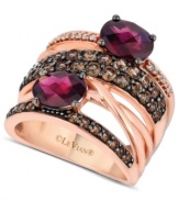 Display your love of color. Le Vian's brilliant ring features multiple crisscrossing bands adorned with oval-cut rhodolite (1-9/10 ct. t.w.), round-cut smokey quartz (9/10 ct t.w.) and diamond accents. Set in 14k rose gold. Size 7.