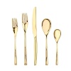 This opulent 5-piece flatware set from Sambonet gets its distinctive polished gold finish through an innovative plating process called physical vapor deposition (PVD). The result is a place setting that is both glamorous and scratch resistant.