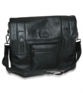 Fashionable and functional messenger bag by Dopp with leather trim pockets and gunmetal hardware.