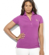 Rendered in soft stretch cotton mesh, Lauren Ralph Lauren's plus size classic polo shirt is designed with a chic five-button placket and accented with an embroidered crest.