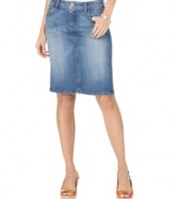 A sleek denim pencil skirt in a faded wash is essential for spring, by Kut from the Kloth.