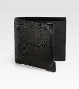 A simple bi-fold design receives a remarkably modern update, featuring six card slots and a billfold compartment, finished in textured, eel-embossed leather with silver accents.One billfold compartmentSix card slotsLeather5W x 4HImported