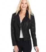 Studio M makes it easy to add stylish rocker-edge to your outfit with this faux leather moto jacket.